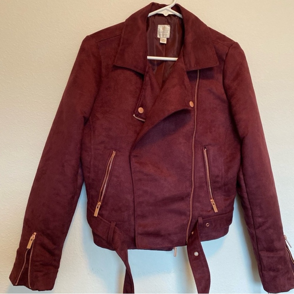 LC Lauren Conrad Burgundy Maroon Faux Suede Moto Jacket Buckles Zipper Size 10